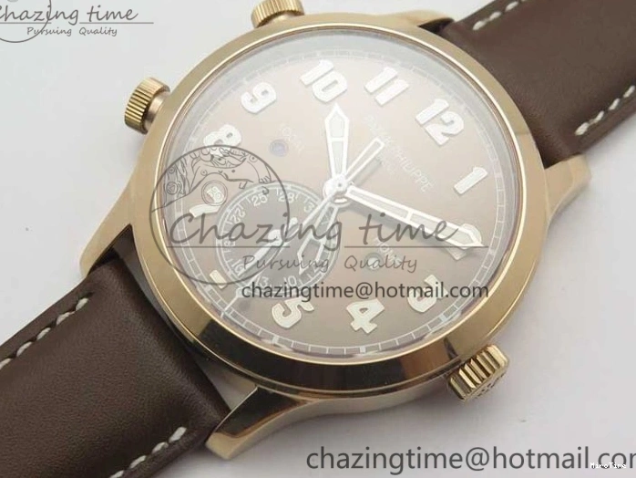 MIROTIME 0423 Calatrava 5524R Pilot Travel Time RG GRF Brown Dial on Brown Leather Strap MIYOTA TopPick 7155